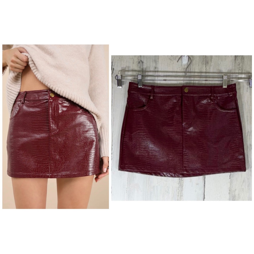 Lulus Croc Embossed Faux Leather Mini Skirt Large Burgundy Vegan Festival NWT